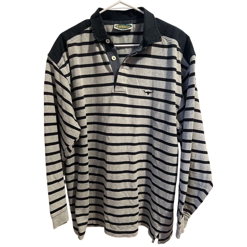 RM WILLIAMS Mens L Rugby Polo Striped Blue/Gray Collared Long Sleeve Jersey AUS - Picture 2 of 16